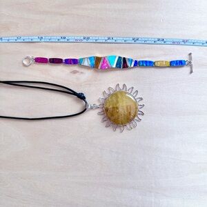 Colorful Bracelet and Sun Pendant Necklace Bundle. Mexican Silver Jewelry